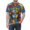 Vibrant all over print sublimation tee featuring a colorful sugar skull woman with floral accents and 'Viva La Vida' text.