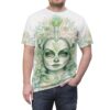 Green sugar skull portrait all over print sublimation tee with ornate floral details and intricate patterns.