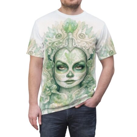 Green sugar skull portrait all over print sublimation tee with ornate floral details and intricate patterns.