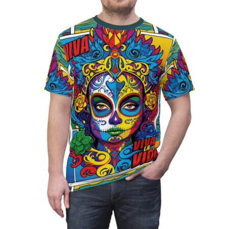 Vibrant all over print sublimation tee featuring a colorful sugar skull woman with floral accents and 'Viva La Vida' text.