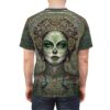 Green sugar skull sublimation tee with floral and peacock details, featuring ornate wrap around graphic and intricate details.