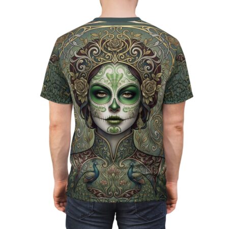 Green sugar skull sublimation tee with floral and peacock details, featuring ornate wrap around graphic and intricate details.