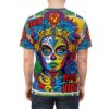 Vibrant sugar skull sublimation tee featuring 'Viva La Vida' graphic, detailed floral patterns, and a colorful Day of the Dead design.