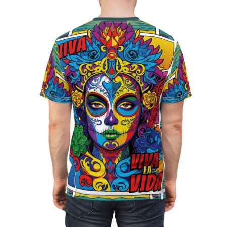 Vibrant sugar skull sublimation tee featuring 'Viva La Vida' graphic, detailed floral patterns, and a colorful Day of the Dead design.