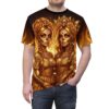 All over print sublimation tee featuring a golden sugar skull couple with intricate lace dresses and fiery background elements.