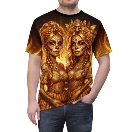All over print sublimation tee featuring a golden sugar skull couple with intricate lace dresses and fiery background elements.