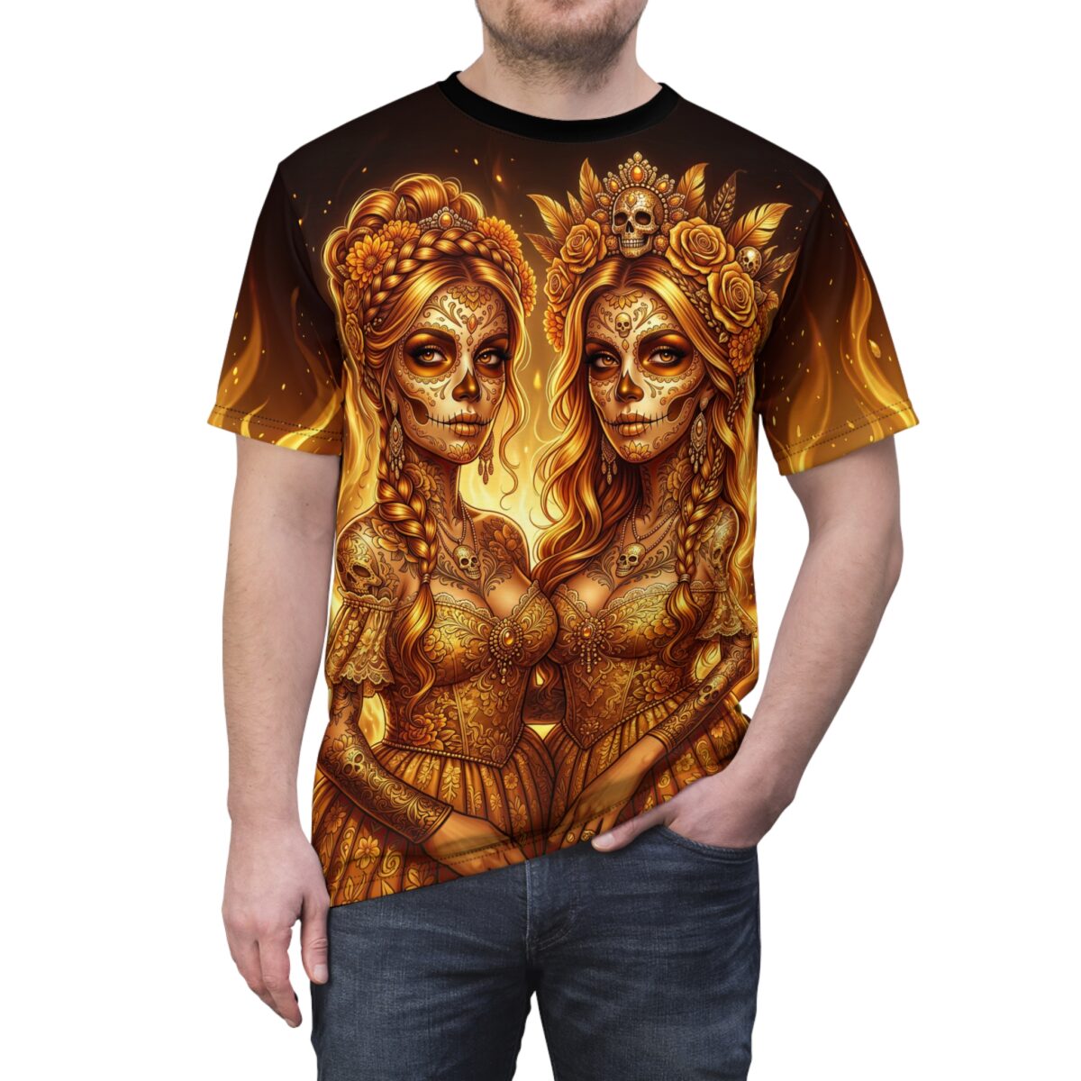 All over print sublimation tee featuring a golden sugar skull couple with intricate lace dresses and fiery background elements.