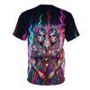 Colorful sugar skull women's sublimation tee featuring a twin Day of the Dead graphic and trippy neon fire background.