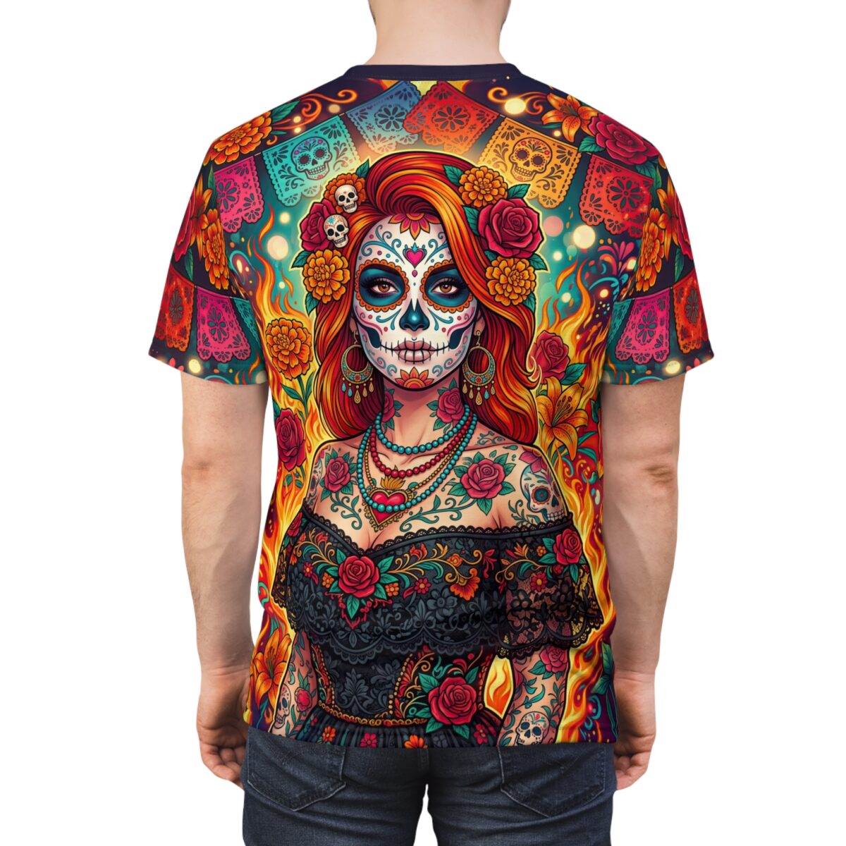 Vibrant all over print sublimation tee featuring a colorful Day of the Dead sugar skull woman graphic with roses and papel picado.