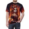 Sugar skull woman all over print sublimation tee featuring a fiery Day of the Dead aesthetic and seamless graphic.