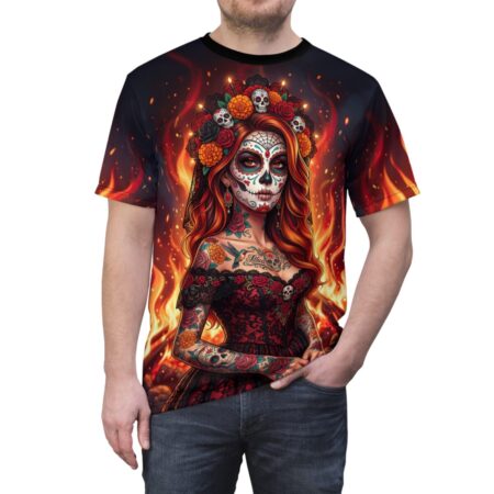 Sugar skull woman all over print sublimation tee featuring a fiery Day of the Dead aesthetic and seamless graphic.
