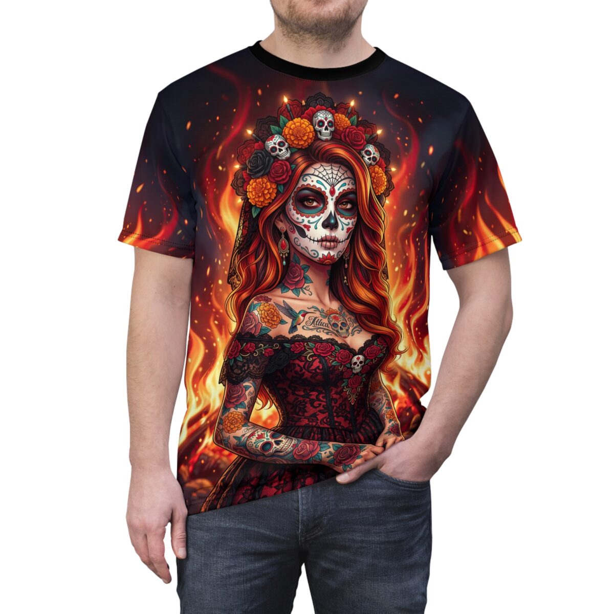 Sugar skull woman all over print sublimation tee featuring a fiery Day of the Dead aesthetic and seamless graphic.