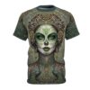 Sublimation tee featuring a detailed sugar skull woman with green makeup and ornate floral peacock pattern. Cyber grunge aesthetic all over print.