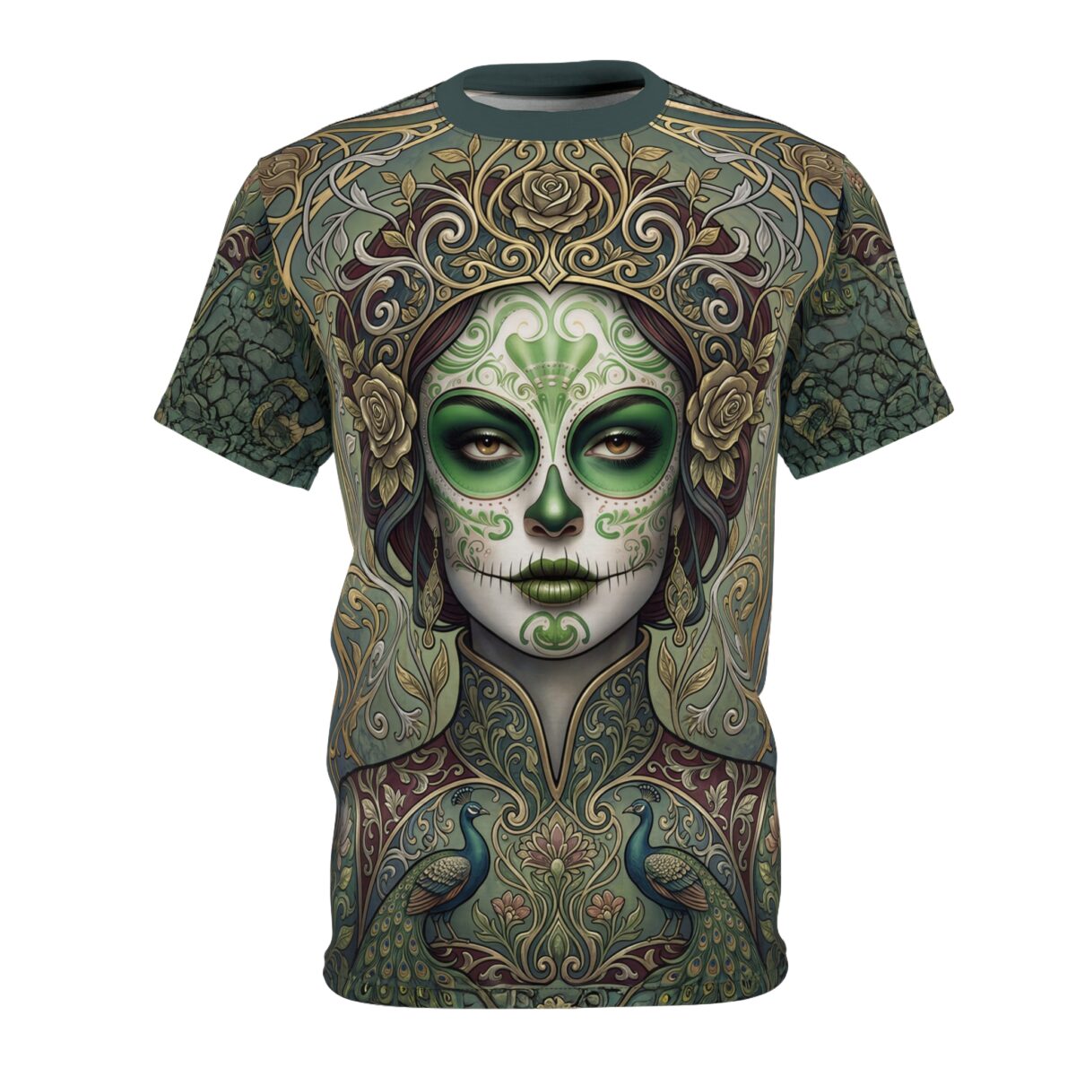 Sublimation tee featuring a detailed sugar skull woman with green makeup and ornate floral peacock pattern. Cyber grunge aesthetic all over print.