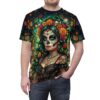 Sugar skull woman all over print sublimation tee with floral crown and Day of the Dead motifs.