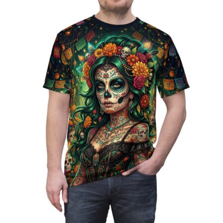 Sugar skull woman all over print sublimation tee with floral crown and Day of the Dead motifs.