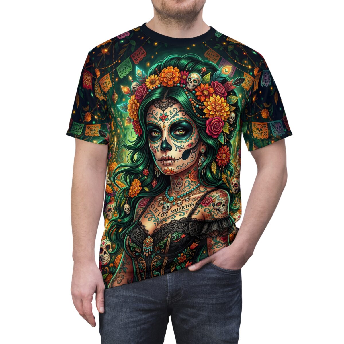 Sugar skull woman all over print sublimation tee with floral crown and Day of the Dead motifs.