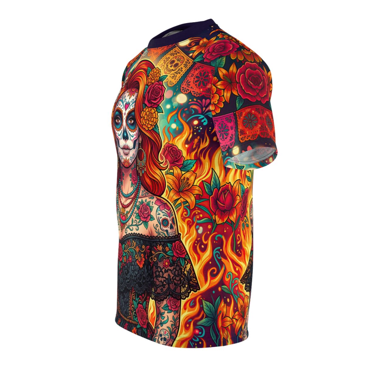 Vibrant all over print sublimation tee featuring a Day of the Dead sugar skull woman and fiery floral design.