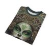 Green and white sugar skull woman sublimation tee, detailed floral and ornate gold crown graphic design.