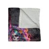 Sugar skull woman adorned with colorful flowers and flames, Day of the Dead theme, black and rainbow palette.