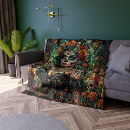 Sugar skull woman graphic throw blanket featuring a Day of the Dead floral and skull design with intricate details and vibrant colors.