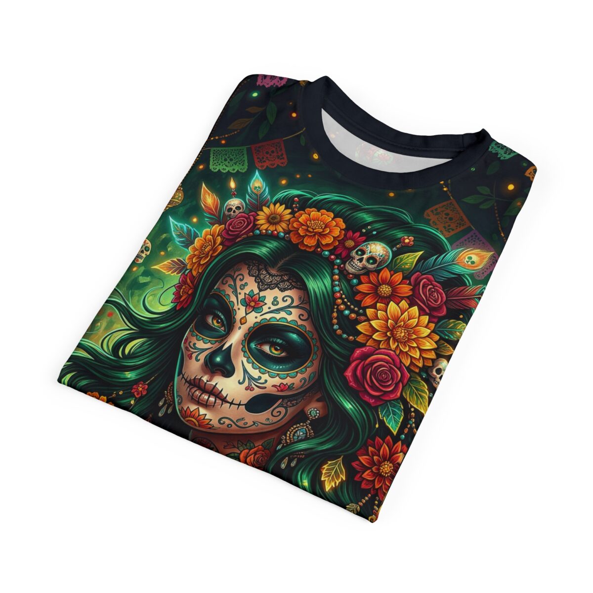 All over print sublimation tee featuring a colorful sugar skull woman with a floral crown and small skulls. Dark green background with festive flags.