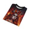 All over print sublimation tee featuring a Day of the Dead woman with floral and skull headdress against a fiery background.
