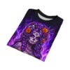 Women's all over print sublimation tee with a detailed sugar skull goddess, purple hair, flowers, and flames graphic.