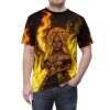 Sugar skull goddess all over print sublimation tee featuring a vibrant flaming floral and skull wrap around graphic.