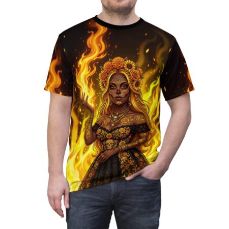 Sugar skull goddess all over print sublimation tee featuring a vibrant flaming floral and skull wrap around graphic.