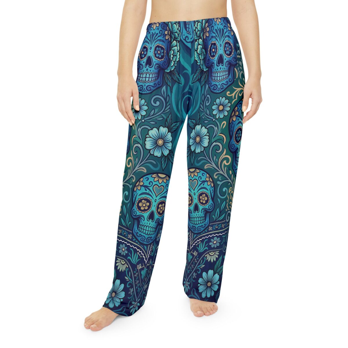 Blue sugar skull and floral all over print sublimation pajama pants featuring a vintage pattern design.