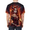 Sugar skull floral all over print sublimation tee featuring a fiery red woman graphic with intricate vintage pattern details.