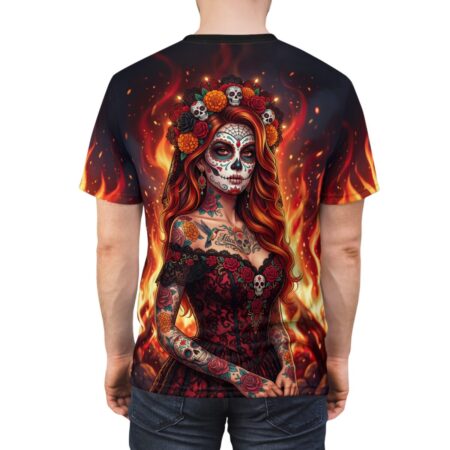 Sugar skull floral all over print sublimation tee featuring a fiery red woman graphic with intricate vintage pattern details.