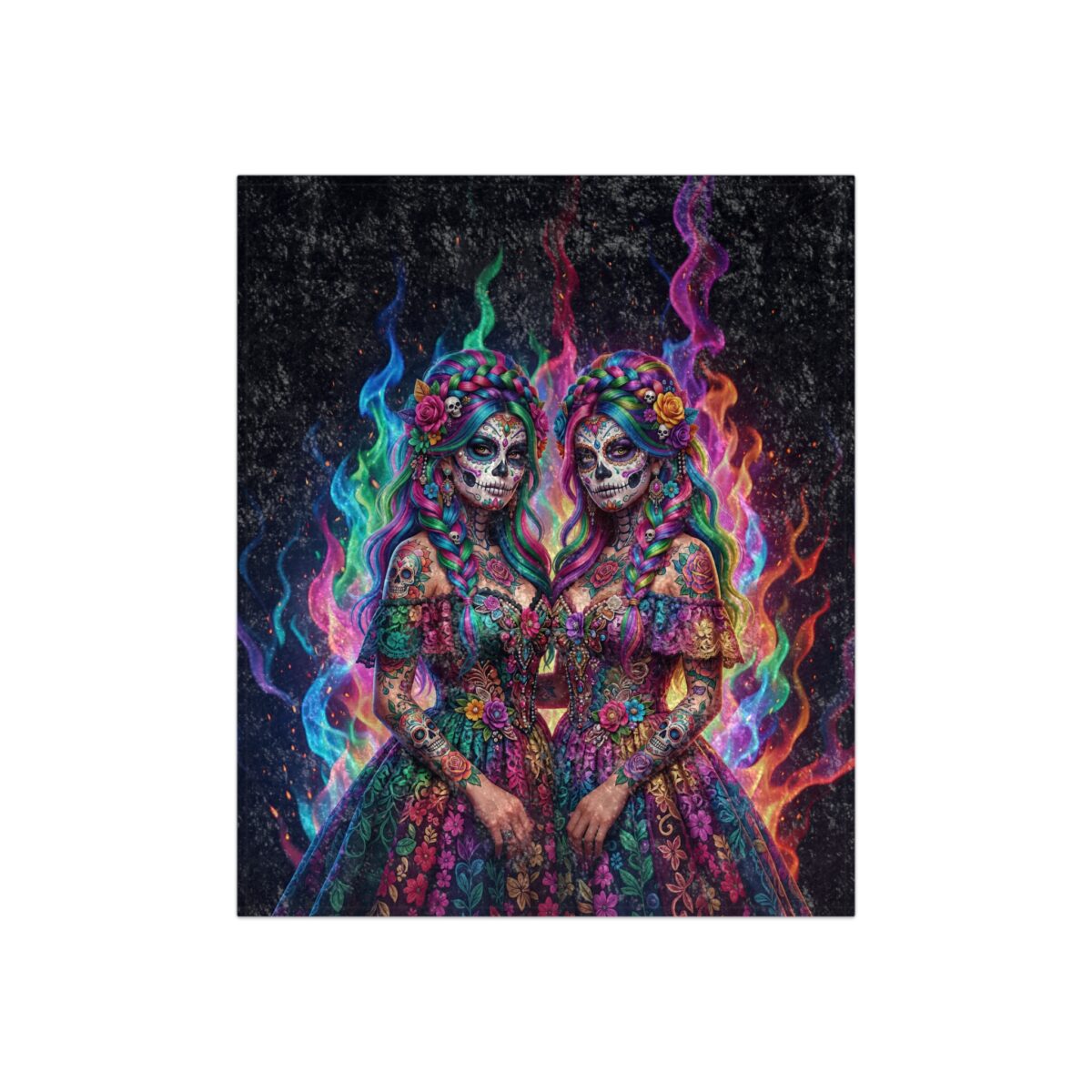 Sugar skull women adorned in colorful floral dresses and braids, surrounded by vibrant rainbow flames.