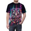 Colorful sugar skull twin sisters all over print sublimation tee featuring a vibrant trippy festival flame graphic design.