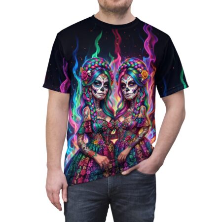 Colorful sugar skull twin sisters all over print sublimation tee featuring a vibrant trippy festival flame graphic design.