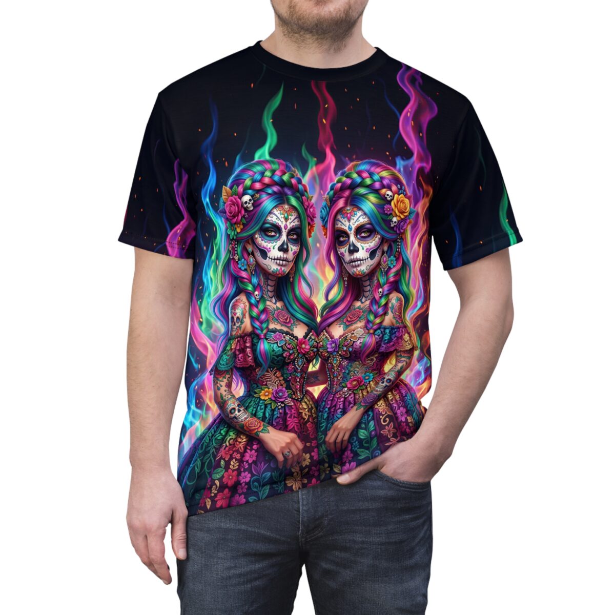 Colorful sugar skull twin sisters all over print sublimation tee featuring a vibrant trippy festival flame graphic design.