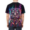 Vibrant all over print sublimation tee featuring twin sugar skull women adorned with colorful flowers, intricate designs, and fiery flames.