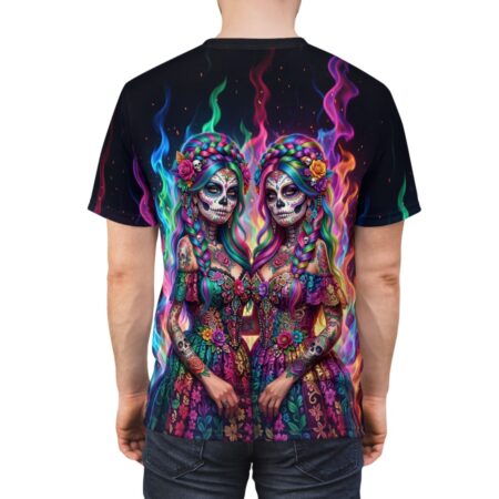 Vibrant all over print sublimation tee featuring twin sugar skull women adorned with colorful flowers, intricate designs, and fiery flames.