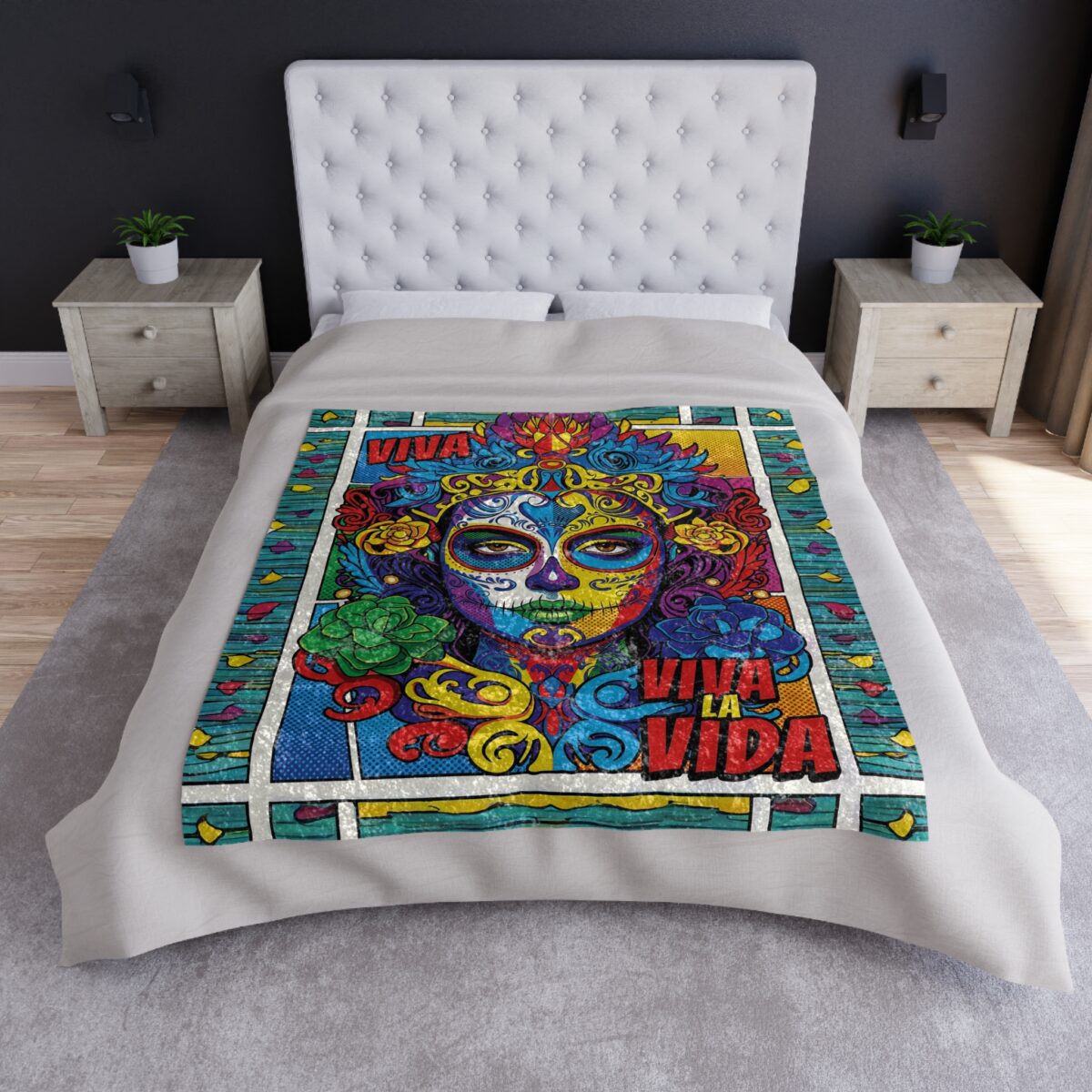 Colorful sugar skull "Viva La Vida" all over print fleece blanket with floral accents and vibrant patterns.