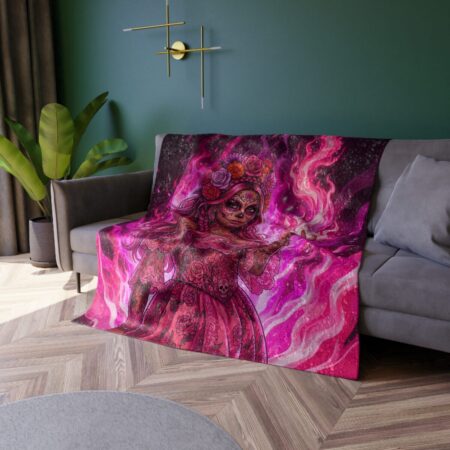 Day of the Dead sugar skull woman all over print blanket featuring a pink dress and fiery background. Seamless print graphic design.