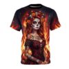 Women's sublimation tee featuring a vibrant Day of the Dead sugar skull woman with floral and flame print. Seamless wrap around graphic.