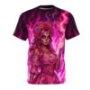 Pink and purple sublimation tee featuring a sugar skull woman in a floral dress surrounded by flames, Day of the Dead graphic.