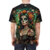 All over print sublimation tee featuring a Dia de los Muertos sugar skull woman graphic with floral crown and festive banners.
