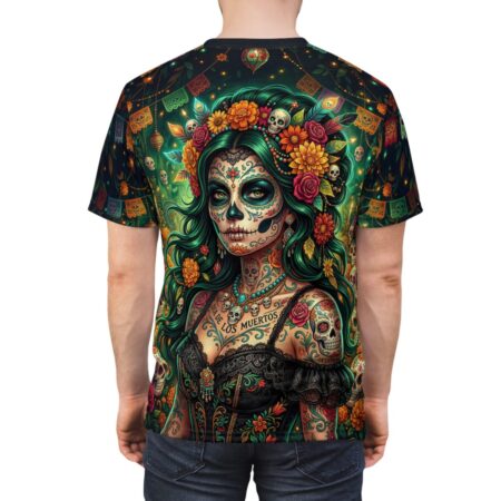 All over print sublimation tee featuring a Dia de los Muertos sugar skull woman graphic with floral crown and festive banners.