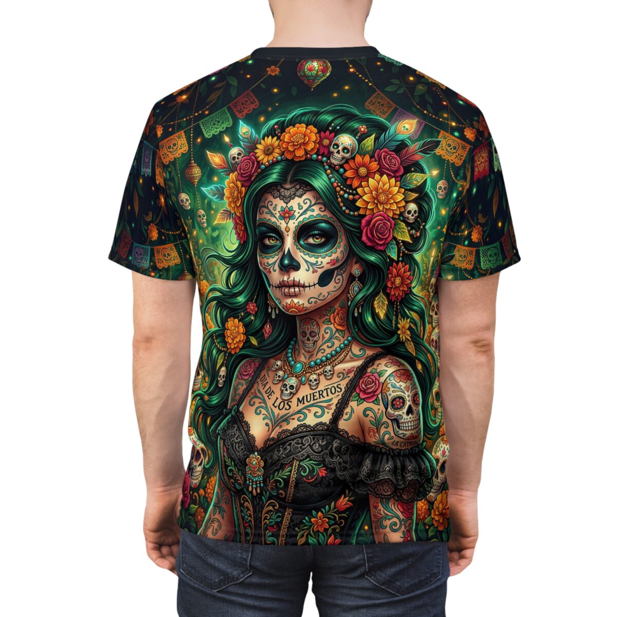 All over print sublimation tee featuring a Dia de los Muertos sugar skull woman graphic with floral crown and festive banners.