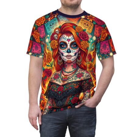 All over print sublimation tee featuring a vibrant sugar skull woman with floral accents and papel picado background.