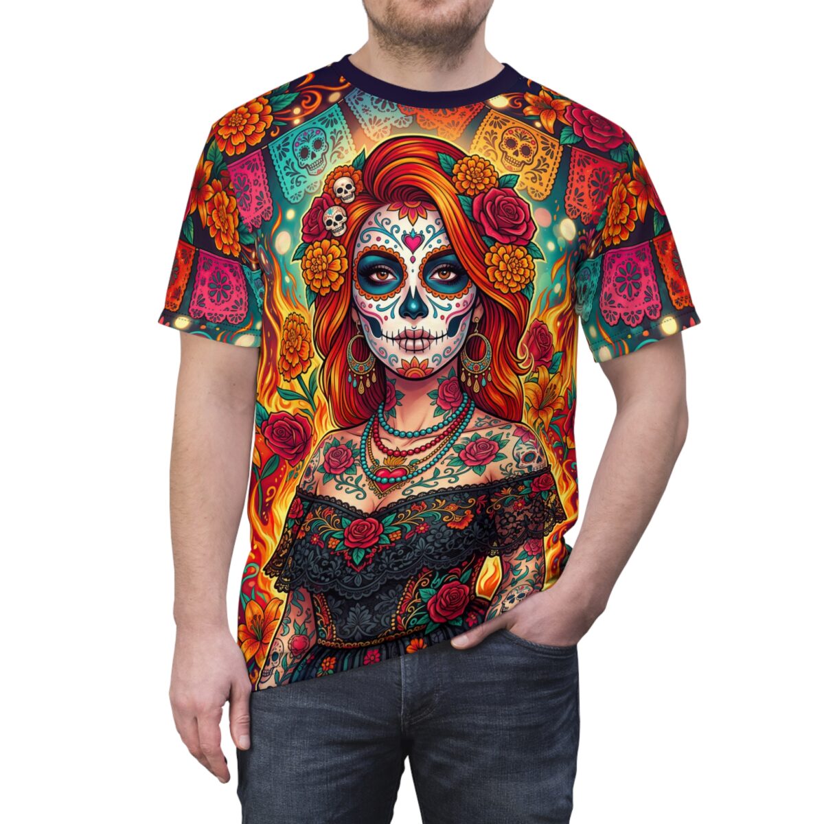 All over print sublimation tee featuring a vibrant sugar skull woman with floral accents and papel picado background.
