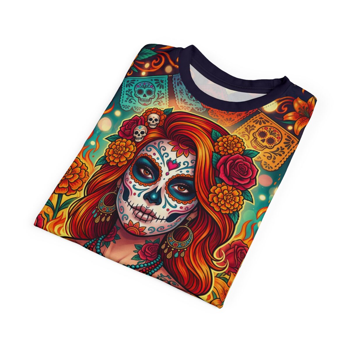 Vibrant all over print t-shirt featuring a Day of the Dead sugar skull woman with floral crown and skull papel picado banners.