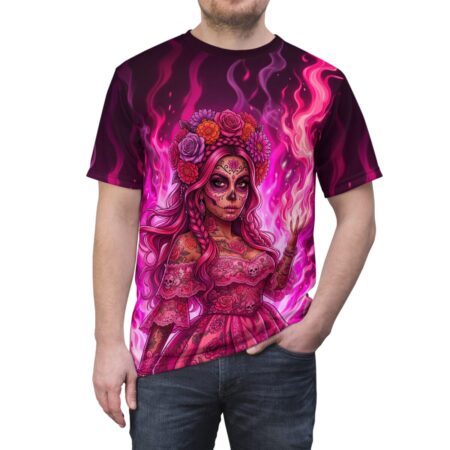 All over print t-shirt with a sugar skull woman, pink flames, and floral crown design.